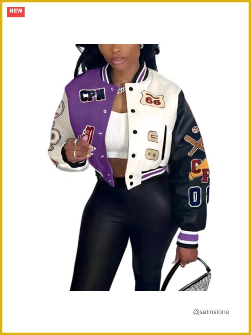 Faux Leather Varsity Jacket Women Cropped Bomber with Patches Print